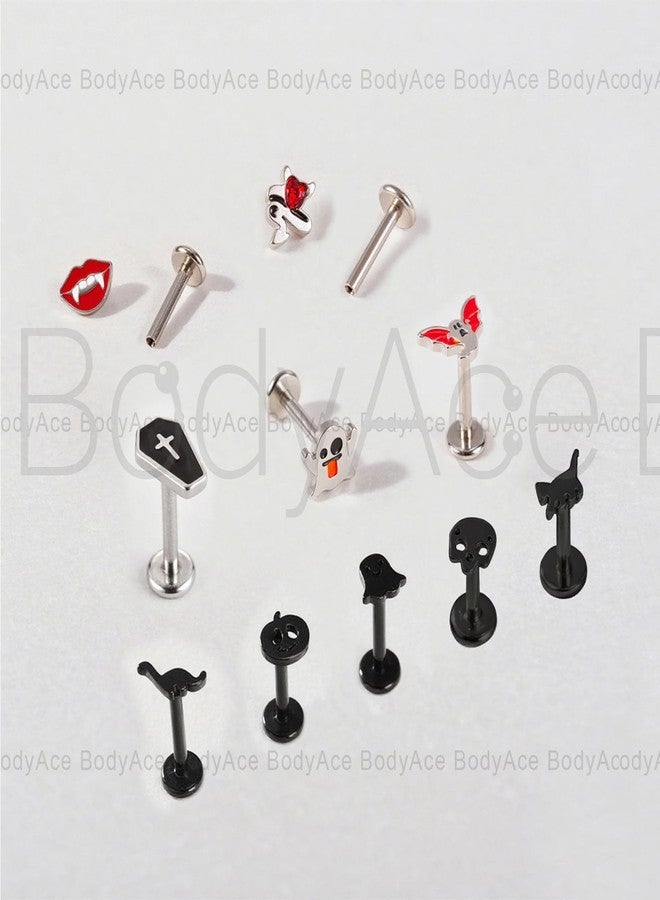 BodyAce 16G Flat Back Earrings Halloween Lip Rings Black Gothic Labret Stud Cartilage Helix Earring Pumpkin Lip Studs Ghost Skull Tragus Piercing Halloween Jewelry [A:8mm] - Image 4